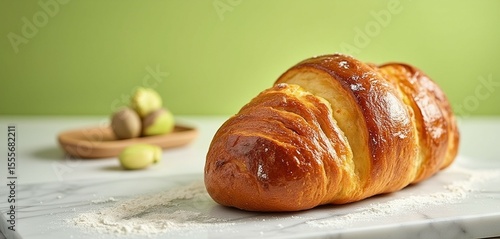 Golden-crusted brioche loaf on marble with soft interior