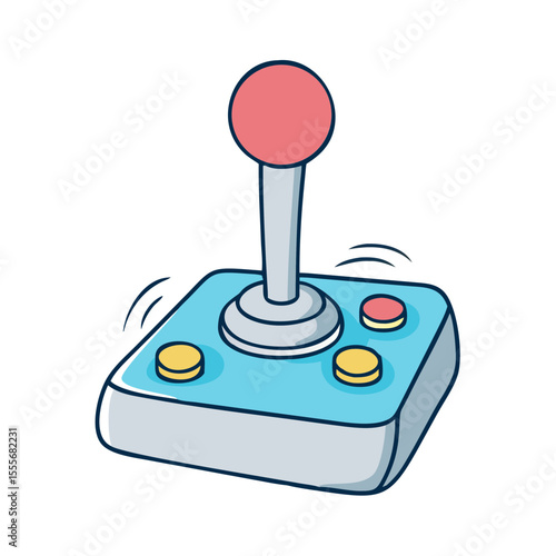 Retro arcade joystick with red and yellow buttons on a blue base