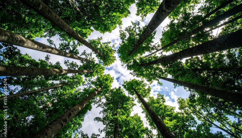 Fototapeta premium Looking up at lush green tree tops in a dense forest, sunlight filtering through the leaves.