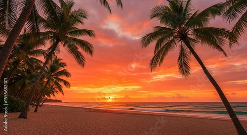 Tropical sunset with palm trees and fiery sky.
