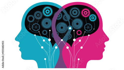 illustration of two human brains interconnected with gears and circuits representing collaboration, innovation, and digital intelligence