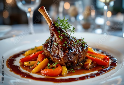 Gourmet Braised Lamb Shank with Herb Garnish and Savory Sauce on White Plate