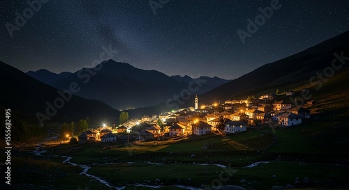 A nighttime scene of a small village