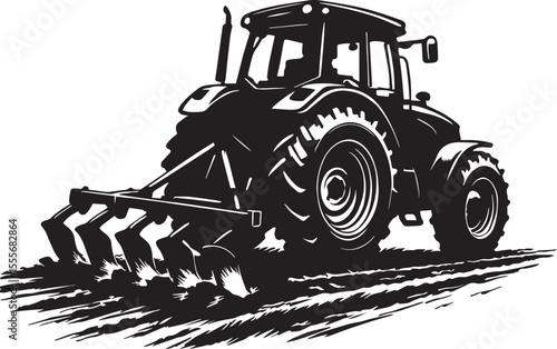 Tractor Ploughing Field Silhouette – Dynamic Tillage Equipment in Action Vector, Black and White Tractor with Plough – Farm Machinery Operating Side View Icon