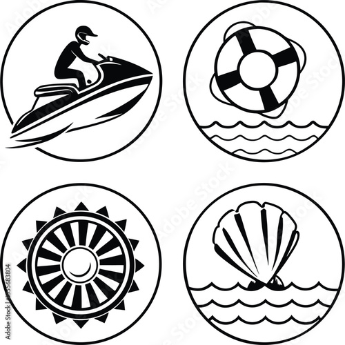 Summer and Water Sports Icon Set – Jet Ski, Lifebuoy, Sun, Seashell Vector Illustration