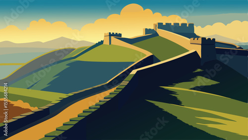 The great wall winding through green hills under cloudy sky landscape illustration