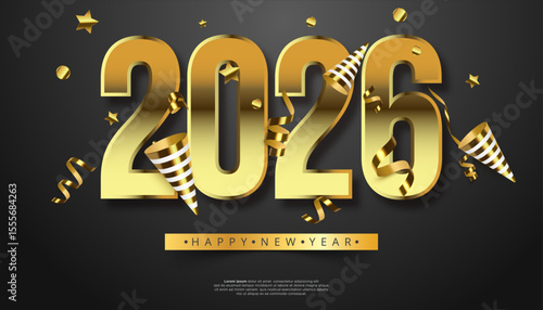 Golden 2026 numerals with party horns and confetti on dark backdrop featuring 'Happy New Year' text