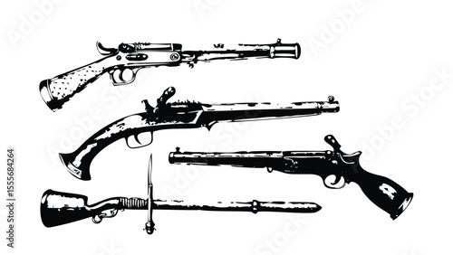 Early Firearms Icon Pack in Stipple Ink Style. Black and White Vector Collection of Antique Weapons. Vintage Military Engraving Set