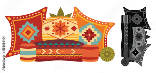 Colorful and decorative cushions and pillows displaying indigenous patterns in an illustrated composition