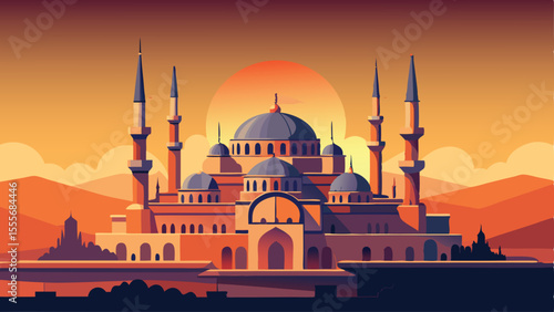 Stylized mosque at sunset with domes and minarets in orange landscape illustration