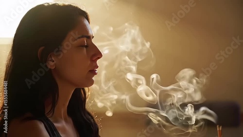 Young woman meditating with smoke in a serene indoor setting  