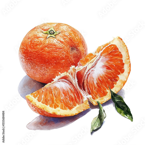 Clementine Slice, watercolor vector, isolated on a white background.