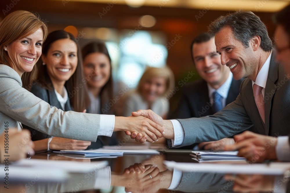 Fototapeta premium Group of businesspeople shaking hands during a meeting, finalizing a business deal or partnership., Generative AI