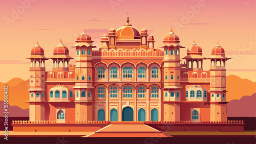 A detailed depiction of a grand palace with domes and windows landscape illustration