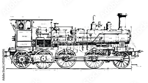 Steam Locomotive Technical Illustration in Stipple Ink Style. Black and White Drawing of a Vintage Train. Antique Mechanical Manual Engraving