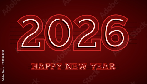 The year 2026 with a neon like glowing effect appears above the text HAPPY NEW YEAR on a maroon background