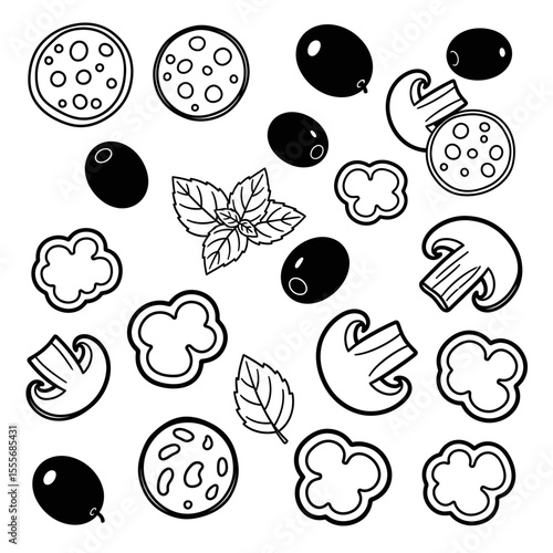 Black and white pizza topping ingredients in line art style drawing