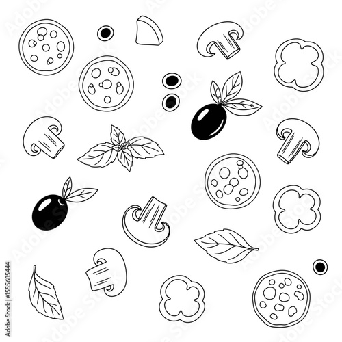 Pizza topping ingredients in line art style isolated on white backdrop