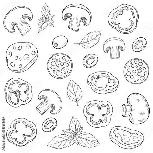 Black and white outline drawing of pizza topping ingredients isolated