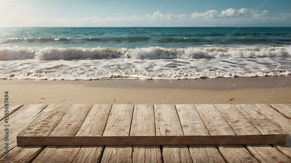 Fototapeta premium A high-resolution beach-themed product display scene with a clear, sunny sky and calm ocean waves in the background. In the foreground, place a vintage wooden surface—sun-bleached, textured 