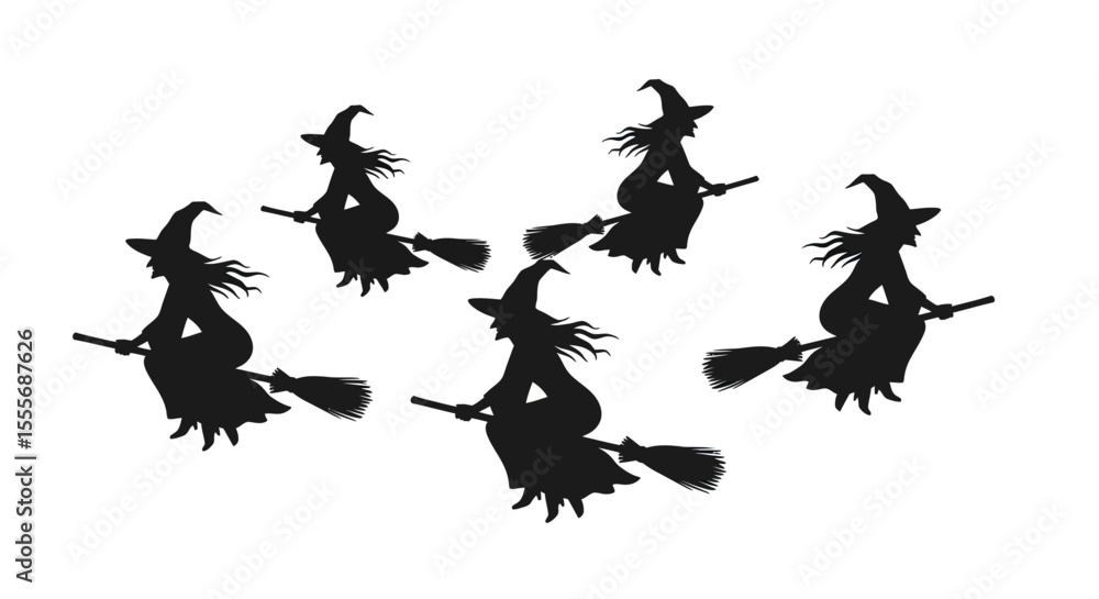 Fototapeta premium Silhouette of Five Flying Witches Wearing Pointed Hats on Brooms in White Background 