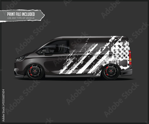 Dark Gray Van with White Graphic Decal Design