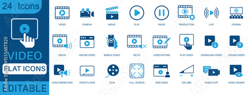 Video icon set. Containing camera, play, pause, media, online video, live, production, player, movie and cinema icons. perfect flat icon collection.