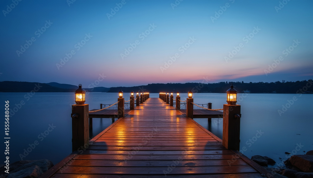 Fototapeta premium Wooden Pier with Lanterns at Sunset Illuminating Calm Lake for Travel Blogs, Scenic Websites, Nature Awareness, and Relaxation Content