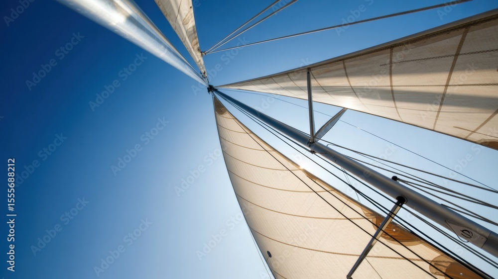 Fototapeta premium Sailing adventure under clear blue skies with tall ship mast and sails