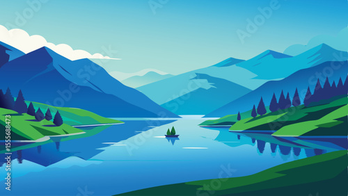 A scenic view of a lake surrounded by mountains and greenery landscape illustration