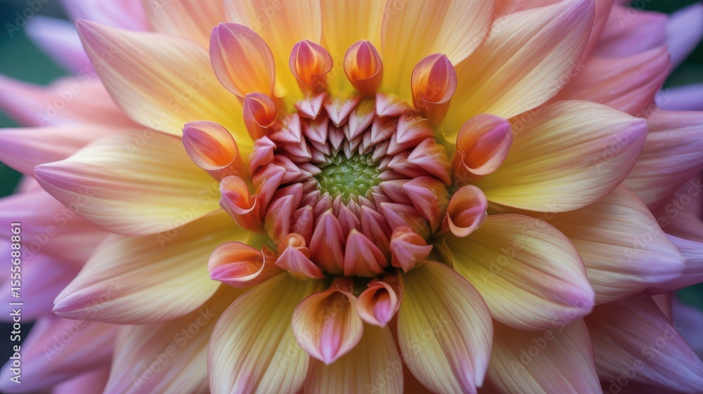 Obraz premium Close-up of vibrant dahlia flower with pink and yellow petals