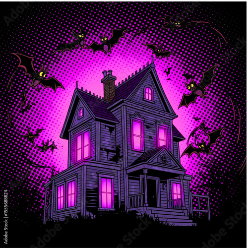 Vintage haunted house with bats in a spooky purple background  