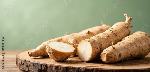 Fresh cassava roots with cut section on rustic table