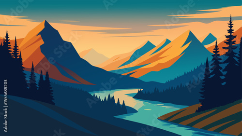 A scenic view of mountains river and trees in vibrant colors landscape illustration