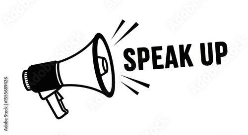 Black Megaphone Icon with Bold Speak Up Text on White Background
