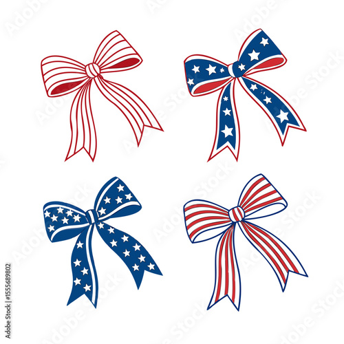Four patriotic bows with stars and stripes in red white and blue on a white background