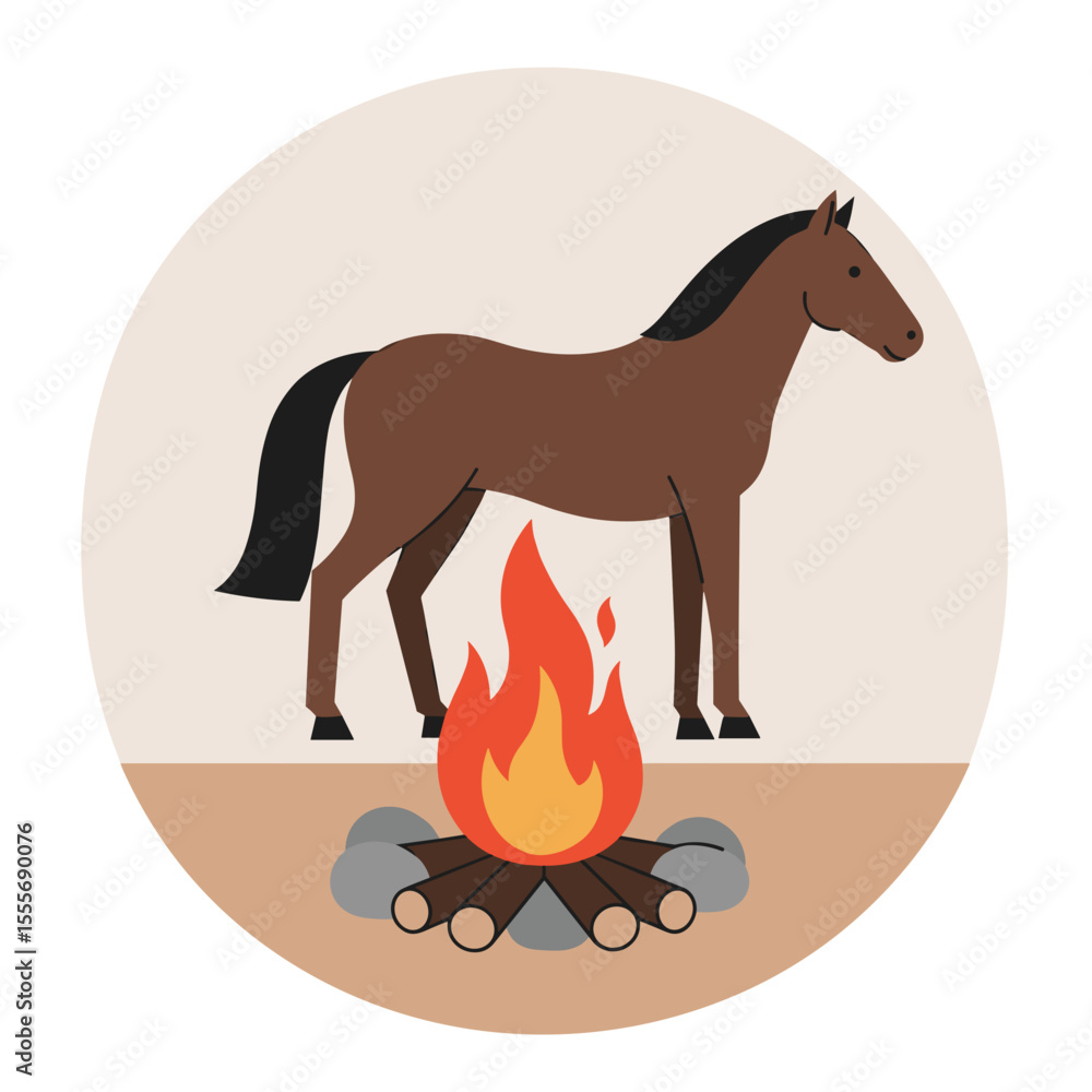 Fototapeta premium Brown horse standing near campfire in circular graphic design 