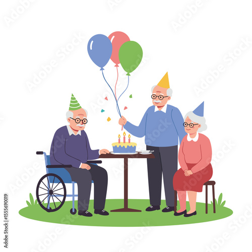 Elderly friends celebrating birthday with cake and balloons at outdoor party  