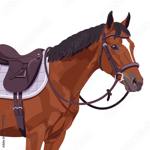 Brown horse with saddle and bridle on white background  
