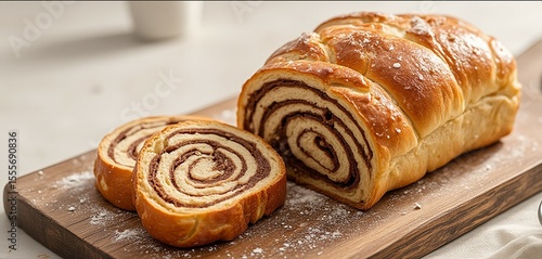 Golden-brown cozonac with walnut-cocoa swirl on vintage board