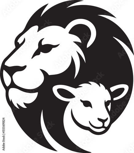 Lion and Lamb Symbolism of Strength and Gentleness Vector Illustration