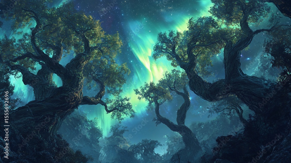 Fototapeta premium Mystical forest under a vibrant aurora borealis