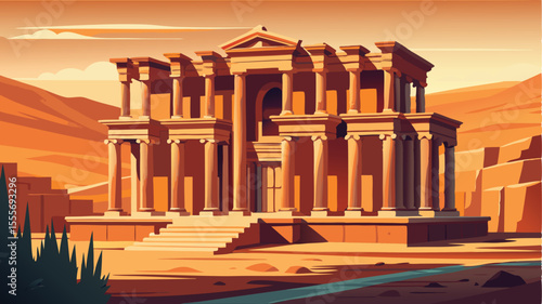 Artistic rendering of a temple with columns and desert setting landscape illustration