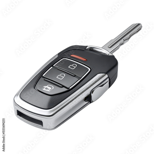 A Sleek Modern Car Key Fob Featuring Lock, Unlock, and Trunk Release Functions Alongside a Traditional Key for Added Convenience and Versatility