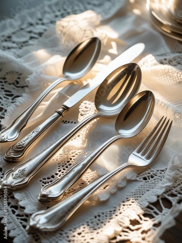 Elegant vintage silver cutlery set on a white lace tablecloth with gentle sunlit reflections