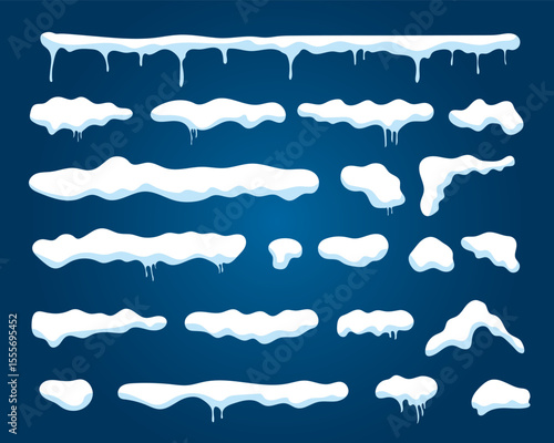 Set white snow caps with icicles and piles with icy texture