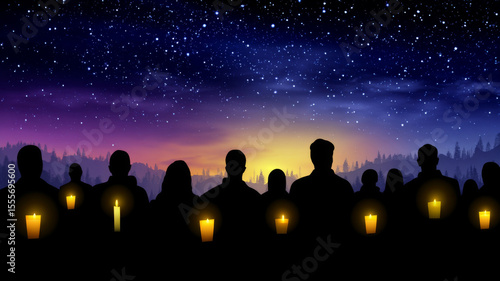 Candlelight Vigil for Civil Rights with Diverse Silhouettes Against a Starry Night Sky