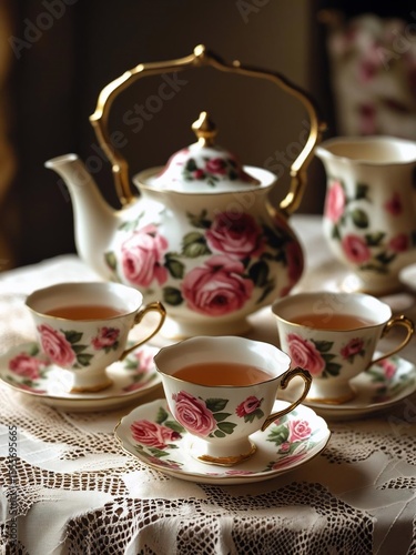 Wallpaper Mural Elegant Rose Patterned Tea Set with Gold Accents on a Delicate Lace Tablecloth for a Classic Afternoon Gathering Torontodigital.ca