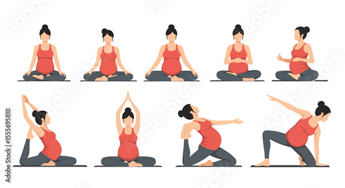 Set of Pregnant Woman in Yoga Poses, Red Top and Gray Leggings
