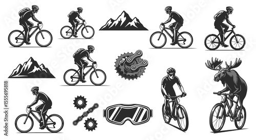 Silhouette of Cyclist Riding Mountain Bike with Backpack, Black and White.